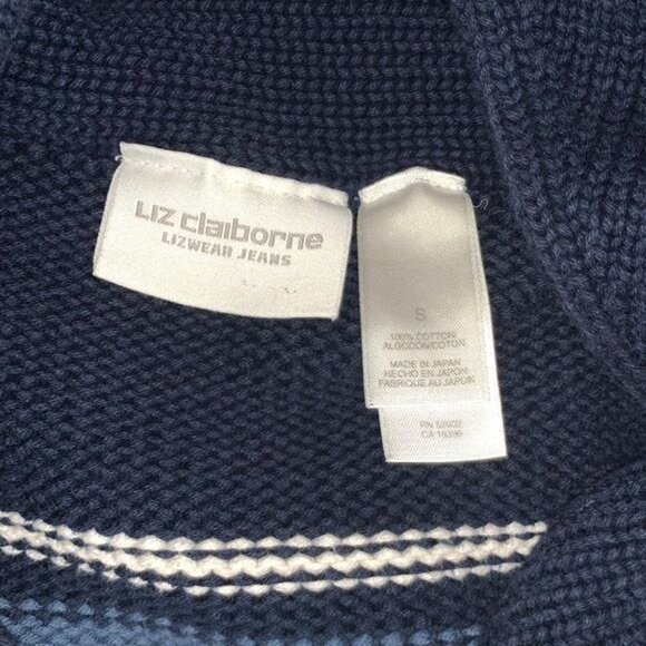 Liz Claiborne Navy Blue Striped Cardigan Sweater With Belt S 100% Cotton Womens - Picture 3 of 6